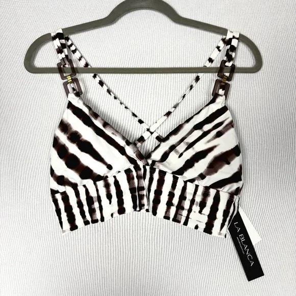 LA BLANCA | Tie Dye Longline V-Neck Brown & White Embellished Bikini Top‎ - Picture 4 of 14